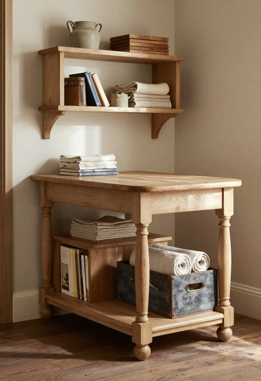 Medium-angle corner view of a furniture-style farmhouse island featuring turned legs at the seating side, bun feet at the corners, an open lower shelf styled with stacked breadboards, crocks, and folded linen, plus shallow display cubbies holding cookbooks and a vintage crate with rolled towels; island edges have rounded corners; finish shows light distressing, a hand-rubbed stain, and a soft wax sheen; warm afternoon light grazing surfaces to reveal patina and curve details
