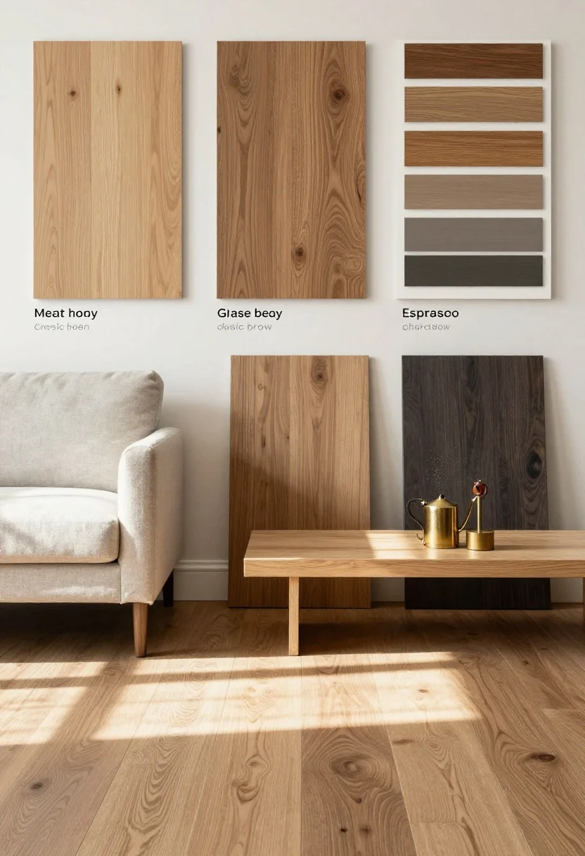 Medium shot: a living room vignette with four floor swatches installed in zones to compare stain tones—natural oak/light honey near a white wall and linen sofa, greige/beige-brown near wood furniture, warm walnut beside leather and brass accents, and a deep espresso/charcoal area with visible dust motes in angled light; include a labeled sample board of a custom 50/50 blend of classic gray and special walnut on white oak on a low bench; late-afternoon sunlight raking across the floor to show how color shifts through the day; mood toggles from airy to dramatic across the scene