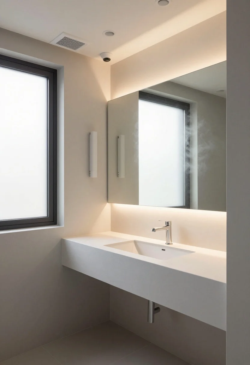 Medium shot at the vanity wall: Layered lighting and ventilation—moisture-rated recessed cans overhead, vertical sconces flanking the mirror at eye level for shadow-free task light, and a soft LED strip glow under the floating vanity for night use. A high-CFM exhaust fan with a visible humidity sensor is integrated in the ceiling. A frosted window high on the wall brings in diffused daylight. The mirror is heated and anti-fog, shown clear despite a subtly steamy ambience. Clean finishes, spa-like brightness, and crisp reflections define the scene.