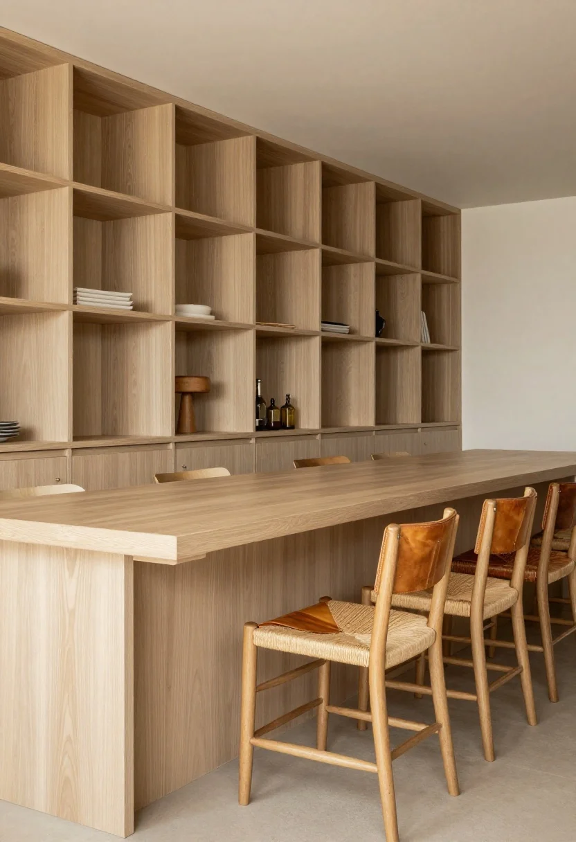 Medium shot focused on inviting island seating: 10–12 inch countertop overhang with discreet corbels supporting a substantial top; a row of stools mixed intentionally—backless on the working side, high-back spindle chairs on the guest side—with woven rush seats and a pair of warm-toned leather saddle stools; spacing shows 24–26 inches per seat; finishes in soft neutral woods; early evening ambient light, wipeable leather subtly catching sheen; mood sociable and comfortable