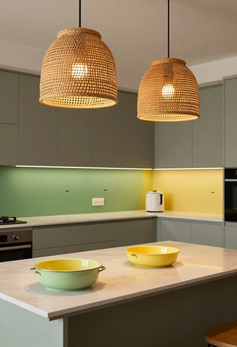 Medium shot focusing on layered kitchen lighting: two rattan pendant shades over an island casting warm texture, plus a pale green enamel pendant with its inside painted lemon yellow to bounce a warm halo; undercabinet LED light strips set to 2700–3000K illuminating a green-and-yellow prep area; bulbs specified as 90+ CRI for true color rendering; include dimmer controls visible near a backsplash; overall ambient glow that makes greens look lush and yellows creamy; neutral cabinetry and counters as backdrop, no people.