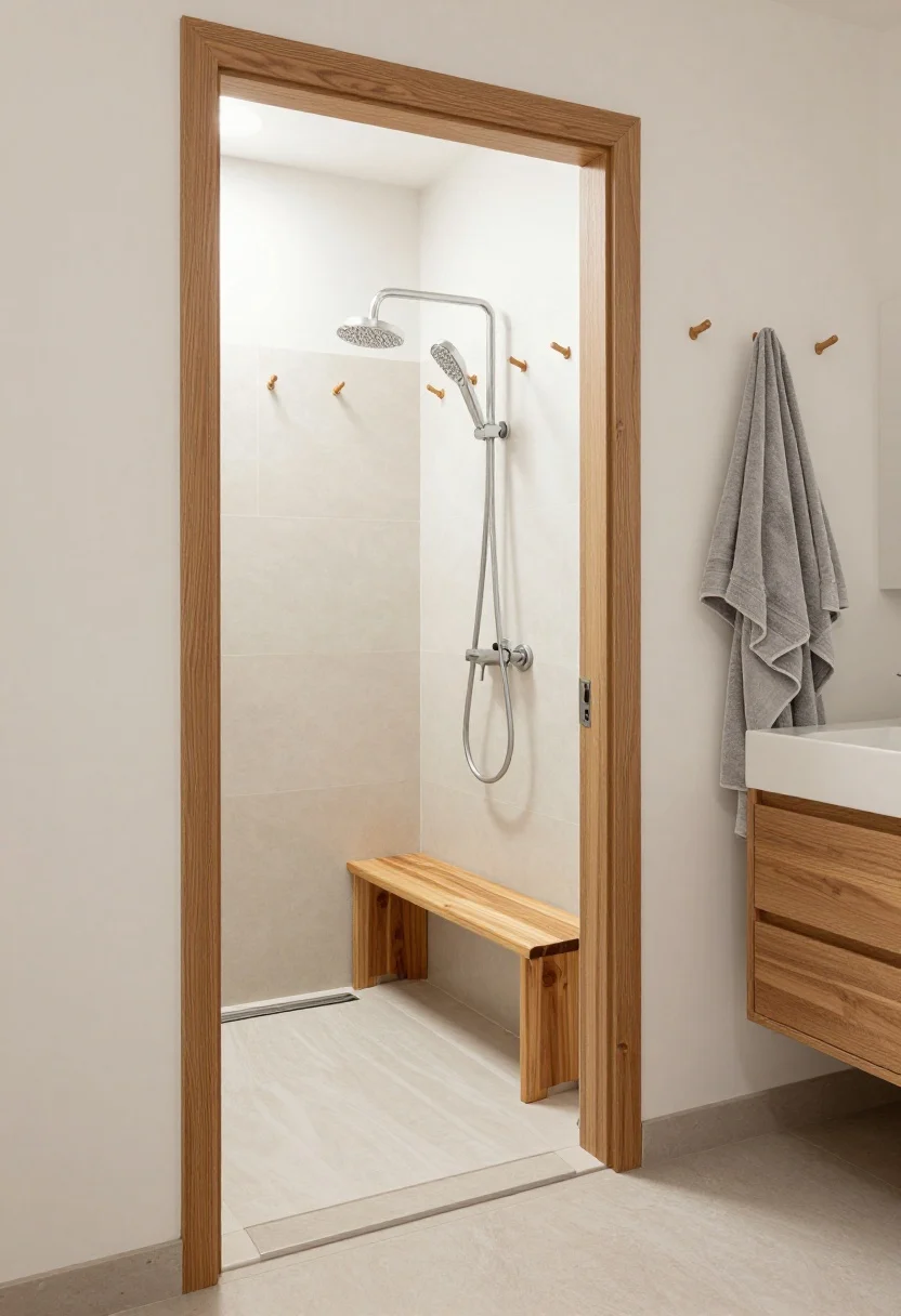 Medium shot from the doorway toward a rinse zone: A curbless open shower with a long linear drain, handheld showerhead mounted lower for kid reach, and a built-in teak bench. Hooks and pegs line the walls—behind the door, near the shower, and by the sink—for towels and robes. The floor plane slopes gently to the drain in a drain-friendly wet entry, transitioning to a simple vanity beyond. Materials are durable and spa-like: matte textured tile floors and warm teak details, with easy-to-clean surfaces. Bright, even light keeps everything practical and welcoming.