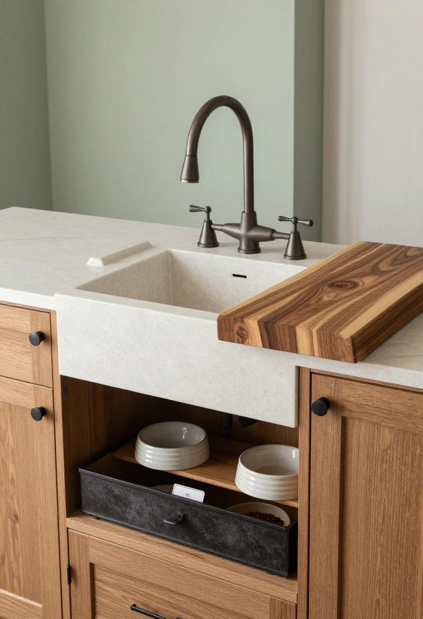 Medium shot highlighting luxe custom touches: a mini prep sink with a vintage-style bridge faucet set into a soapstone top with a small drip ledge, adjacent to an end-grain butcher block insert dedicated as a chopping zone; on the island’s end, an integrated pet station with a lower cubby holding ceramic bowls and a drawer labeled for kibble above; finishes cohesive with farmhouse palette—soft greens, warm woods, black iron accents; clean, bright task lighting for prep, photorealistic textures of soapstone, end-grain wood, and aged metal