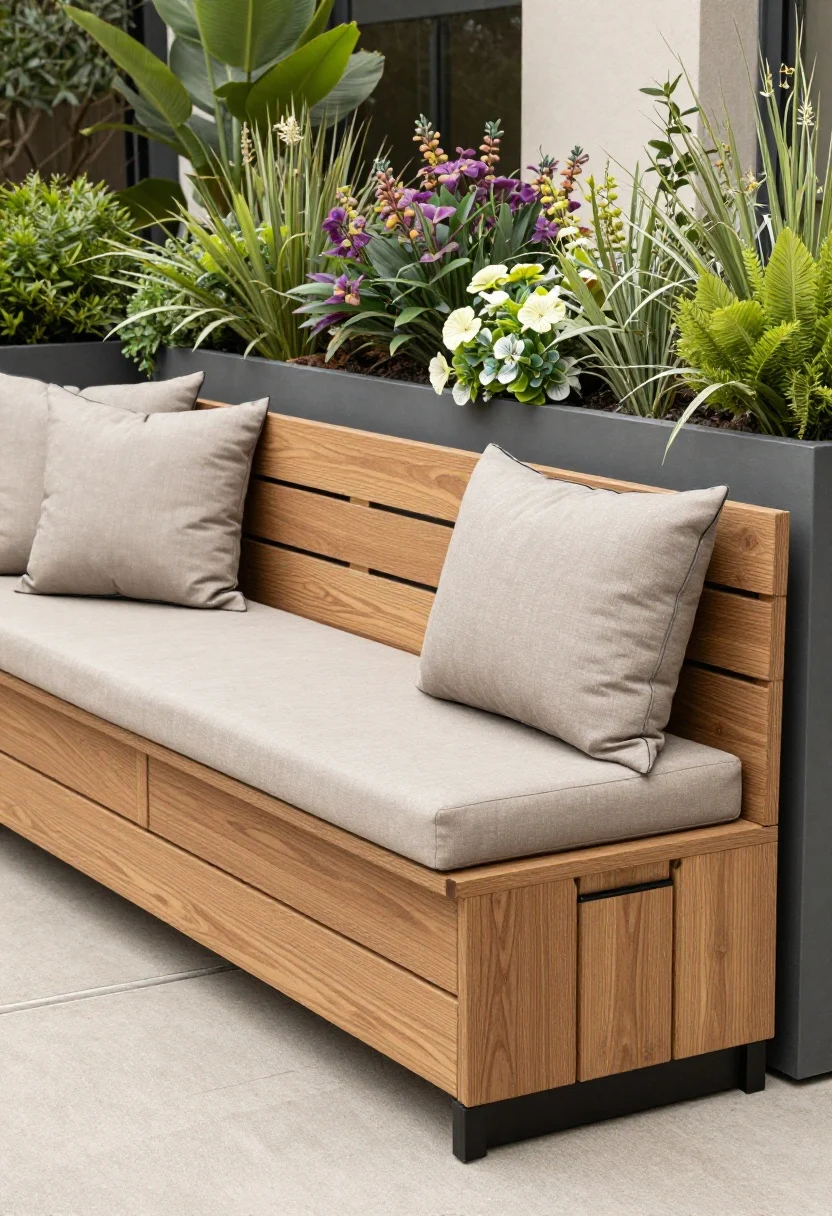 Medium shot of a double-duty bench disguise on a patio: a 60-inch wood bench with a hinged top supported by gas struts, back subtly vented with hidden slats for airflow; topped with outdoor cushions in performance fabric, neutral taupe with black piping; adjacent oversized planter-box facade with removable rear panels, planted with a mix of faux botanicals and seasonal annuals for a full, curated look; finishes in cedar with a semi-transparent stain and matte black hardware; bright diffuse daylight; no people, photorealistic.