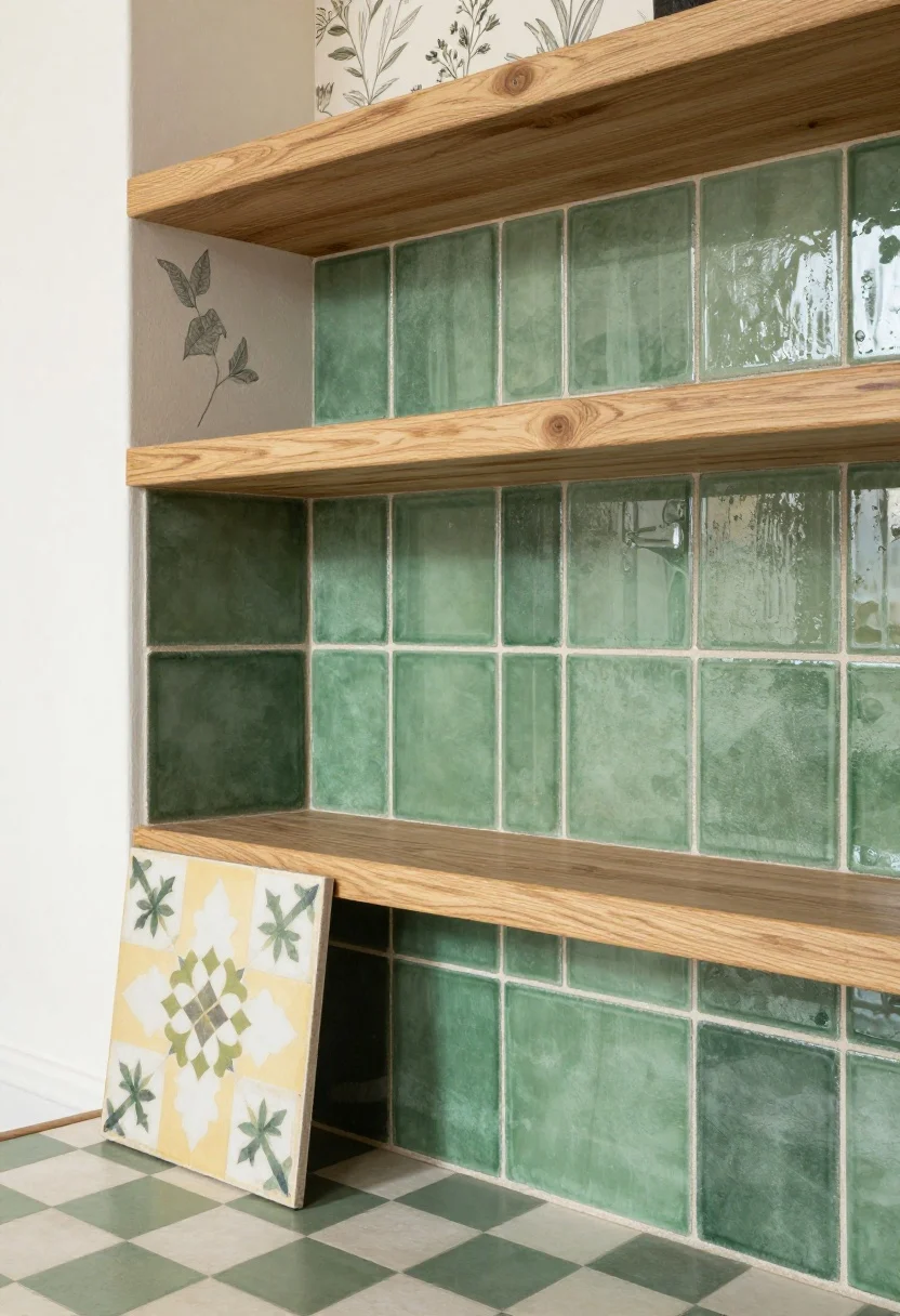 Medium shot of a kitchen backsplash vignette: hand-cut green zellige tiles with creamy grout shimmering under soft daylight, paired with natural wood open shelves; add a patterned encaustic tile sample board leaning nearby showing a pale yellow and white Moroccan-inspired star-and-cross; hint of a floor in sage-and-ivory checkerboard tiles visible at the bottom edge; alternative wall area above a half-height backsplash featuring subtle botanical wallpaper sealed for splash zones; textures emphasized—glossy tile, matte pattern, wood grain; angle from the corner to show depth, no people.