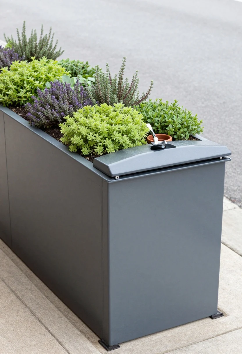 Medium shot of a low-height trash enclosure with a hinged lid topped by a lush green roof; waterproof membrane and low-profile edging implied, planted with drought-tolerant sedum and creeping thyme in varied greens and soft purples; enclosure sides in cedar or composite with a matte finish; subtle ventilation gaps; the lid doubles as a shallow potting ledge holding a small trowel and terracotta pot; driveway edge nearby for context; bright morning light highlighting plant textures; no people, photorealistic.