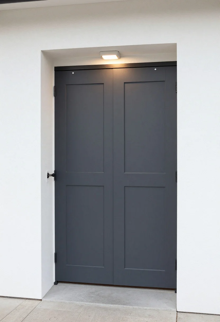Medium shot of a recessed niche built into a side-yard wall, fitted with cabinet-style doors; flat-slab modern doors painted in matte exterior-grade charcoal to contrast crisp white trim; soft-close, weatherproof hinges neatly aligned; a small motion-activated sconce overhead casting practical, warm illumination; subtle metal drip edge above the niche; interior hints of marine plywood/composite surfaces; nearby hose bib with a coiled hose ready for wash-downs; clean paver path in front; no people, photorealistic.