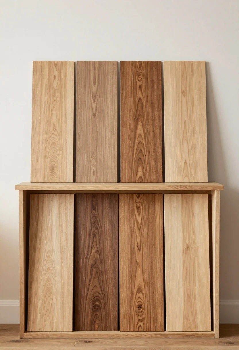 Medium shot: side-by-side wood species display integrated into a living room corner—installed floor transitions subtly from white oak to European white oak (calmer grain, wider look), to walnut (cocoa tone), to hickory (lively grain), to maple (smooth, pale); on a console table above, matching trim and cabinet door samples are arranged to demonstrate contrast selection; neutral walls and minimal decor keep focus on grain, color, and hardness cues; soft, even lighting to reveal true undertones