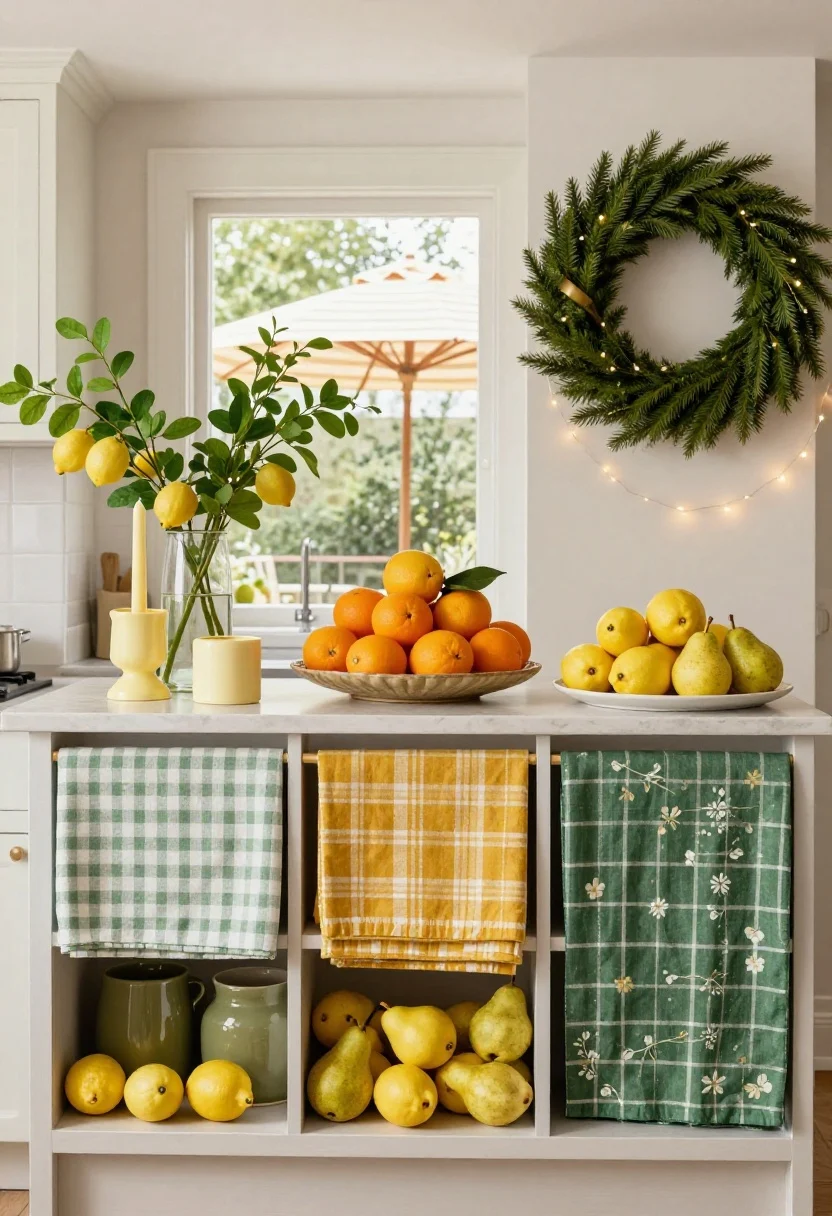 Medium, straight-on seasonal styling montage within one kitchen vignette (no repainting): spring elements—mint linens, lemon branches in a vase, pastel yellow candle holders; summer swap—bold marigold napkins and an overflowing citrus bowl, with striped patio umbrellas visible through a window; fall rotation—olive green ceramics, a mustard plaid runner, pears replacing lemons; winter—deep evergreen wreaths, subtle brass accents, warm white fairy lights tucked along a shelf; include removable gingham or micro-floral decals on a breakfast bar face or fridge panel; consistent neutral foundation, soft ambient light, no people.