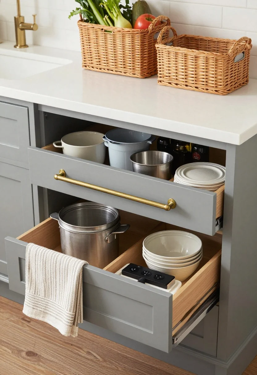 Overhead detail shot of chic integrated storage inside a farmhouse island: deep drawers neatly holding pots, a blender, and mixing bowls with soft-close slides; a double pull-out trash and recycling unit concealed behind a panel; a slim pull-out spice/oil rack near a prep zone; an end-panel towel bar in aged brass with a striped linen draped; two open wicker baskets for produce and napkins; include a partially open charging drawer with a UL-rated outlet strip, cords tucked; bright task lighting emphasizing organization