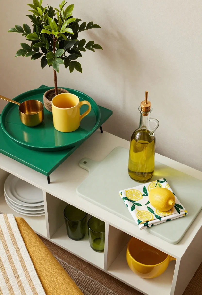 Overhead detail shot of curated color zones: a coffee corner with a glossy green tray holding a brass coffee scoop beside a yellow mug tree; a prep zone with a sage cutting board, lemon-patterned tea towel, and a glass olive-oil decanter with a golden pourer; a glimpse of a dining nook edge with a striped runner and mustard cushion corner; open shelving arranged 70/30 neutrals-to-color—white dishes first, then green glassware and a single yellow pottery piece; crisp, organized styling, no people.