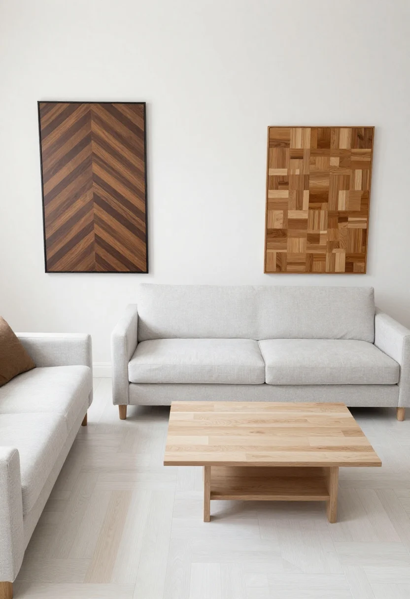 Overhead shot: pattern play showcase in a living room—main seating zone in herringbone white oak bordered by a picture-frame perimeter, with straight-lay planks continuing beyond to adjoining areas for a budget-friendly feature; a contemporary chevron sample panel and a small basketweave/parquet panel propped near a wall for comparison; sleek modern sofa and coffee table centered on the herringbone for boutique-hotel energy; balanced daylight, straight-on overhead to emphasize layout geometry