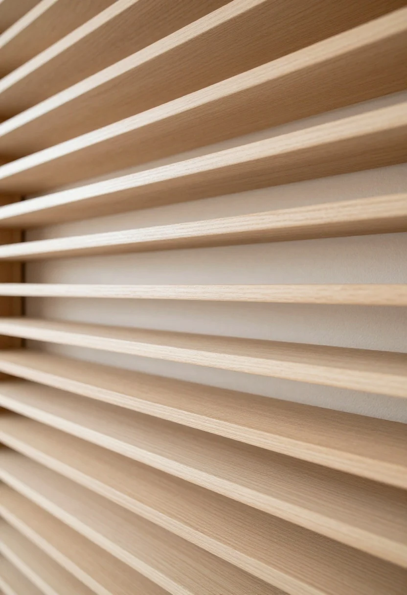 Photorealistic closeup detail of a horizontal shadowbox fence showing alternating boards on front and back rails, with a consistent 1/3 board-width overlap; focus on layered depth, soft dappled daylight filtering between layers to suggest better airflow and sound softening; visible 2x framing with mid-span blocking preventing bowing; boards pre-stained on all sides showing even coloration; captured at a slight corner angle to reveal double-faced elegance and blocked sightlines