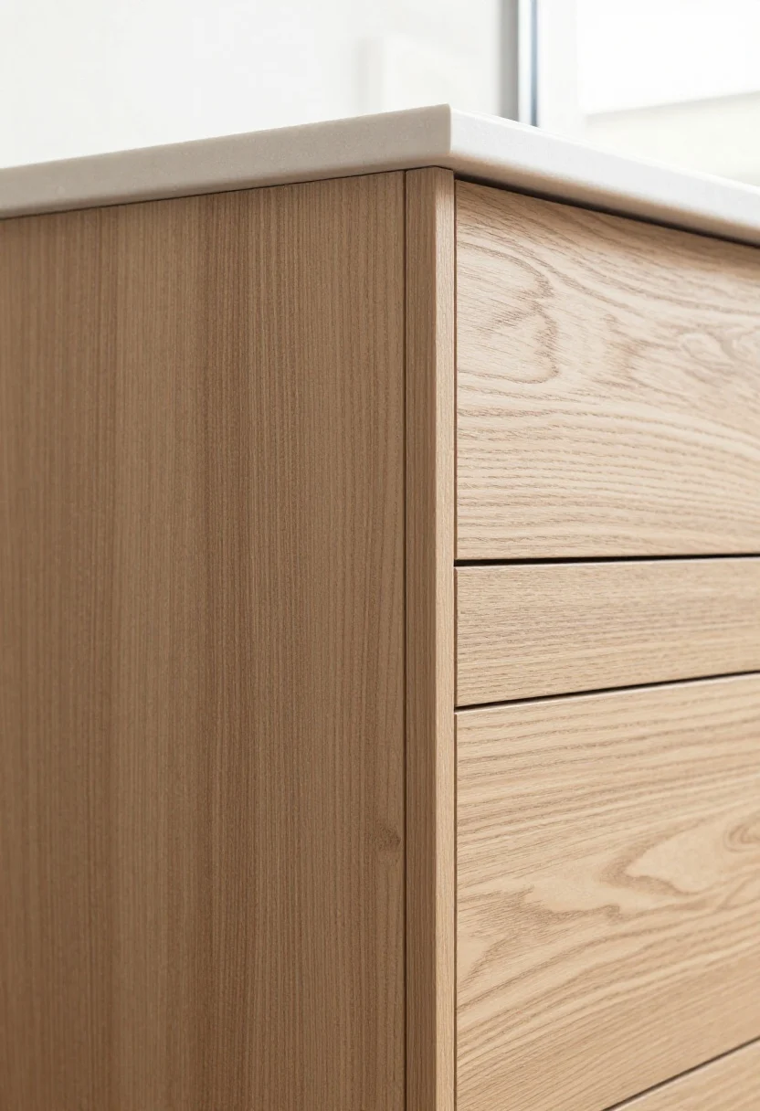 Photorealistic closeup detail of low-maintenance luxury materials: horizontal composite wood-look boards in a mid-tone to reduce heat gain, tight uniform gaps, and hidden clip system with matching trim kit creating a seamless face; adjacent panel shows thermally modified ash with rich, stable grain; an aluminum post with matching cap demonstrates the near-zero-maintenance combo; bright, even daylight showcasing color uniformity and dimensional stability; overhead-angled closeup emphasizing textures, clean edges, and warranty-ready, coastal-resistant build quality