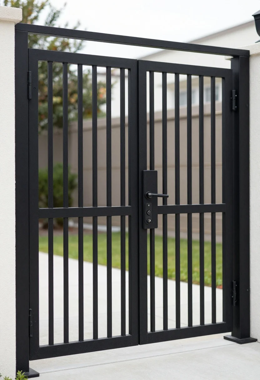 Photorealistic medium shot focusing on a full-height horizontal gate perfectly aligned with the adjoining fence slats; minimalist shadow-reveal frame in matte black steel so the gate reads as a clean panel; continuous top cap bridging fence and gate for uninterrupted sightlines; premium hardware visible: soft-close hinges, keyless latch, and a discreet drop rod; deeper flanking posts with robust bases; 1/2 inch ground clearance clearly shown over a smooth paver path; front-on view, crisp daylight for a custom, high-end feel