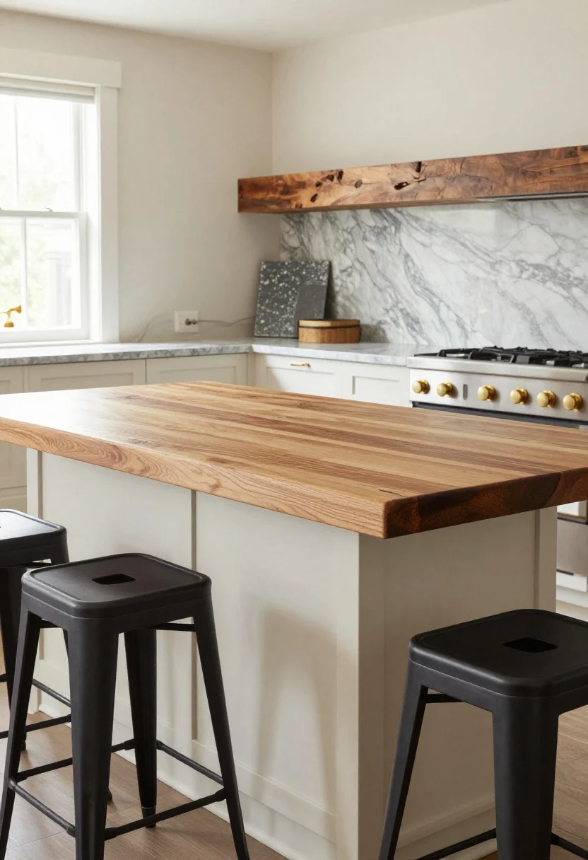 Photorealistic medium shot of a farmhouse kitchen island showcasing mixed materials: a sealed maple butcher block top paired with a creamy painted base, contrasted against matte black metal stools; include a second vignette surface nearby with honed marble-like quartz meeting a reclaimed wood beam detail and soapstone sample slab with unlacquered brass hardware laid out; natural morning light from a window, subtle texture on the painted base, visible wood grain and slight tool marks on the reclaimed beam; focus on the tactile contrast of warm wood, cool stone, and matte metal, no people