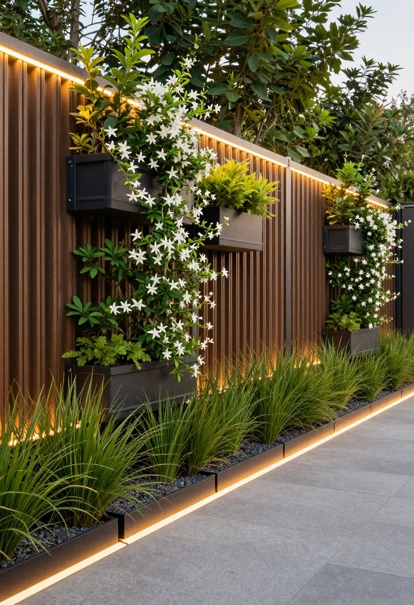 Photorealistic medium shot of a horizontal privacy fence with integrated rectangular planter boxes built between slats: staggered planter bays creating rhythm along a long run, hidden steel brackets supporting planters, EPDM liner edge barely visible and a gravel drainage layer at top; lush plantings include climbers like star jasmine weaving through slats, and evergreen grasses (lomandra) for year-round structure; soft golden-hour lighting with a slim LED wash light glowing under the cap rail for evening ambience; straight-on perspective with light passing through greenery