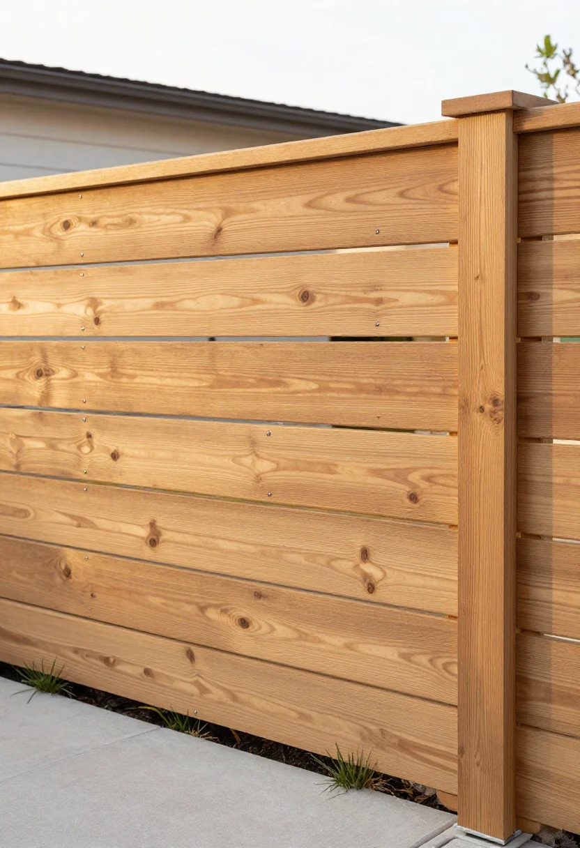 Photorealistic medium shot of a modern backyard boundary featuring horizontal cedar slats with precise 1/4–1/2 inch gaps, warm golden-oiled tone catching soft afternoon natural light; stainless or coated fasteners are invisible or neatly aligned, staggered board joints on alternating bays, UV-blocking oil sheen, clean concrete footing line at base, minimal landscaping with low grasses; straight-on perspective emphasizing the visual width and airy light passing through the evenly spaced slats, coastal-friendly details implied with Clear Heart cedar quality and marine-grade hardware cleanliness
