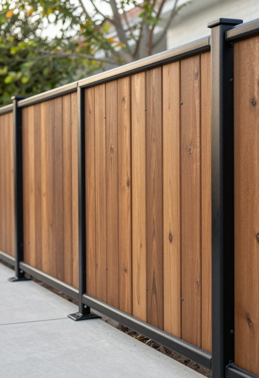 Photorealistic wide shot of a contemporary fence run mixing warm wood slats with powder-coated metal structure: ipe or cumaru slats paired with matte black steel posts, hidden fasteners/back-mounted channels keeping the face pristine, slim steel top rail for a tailored finish; metal post caps sealing the posts; long, level stretch anchored into concrete footings below frost line; crisp morning light with subtle reflections on the black powder coat; straight-on view across the full length for a designer, durable look