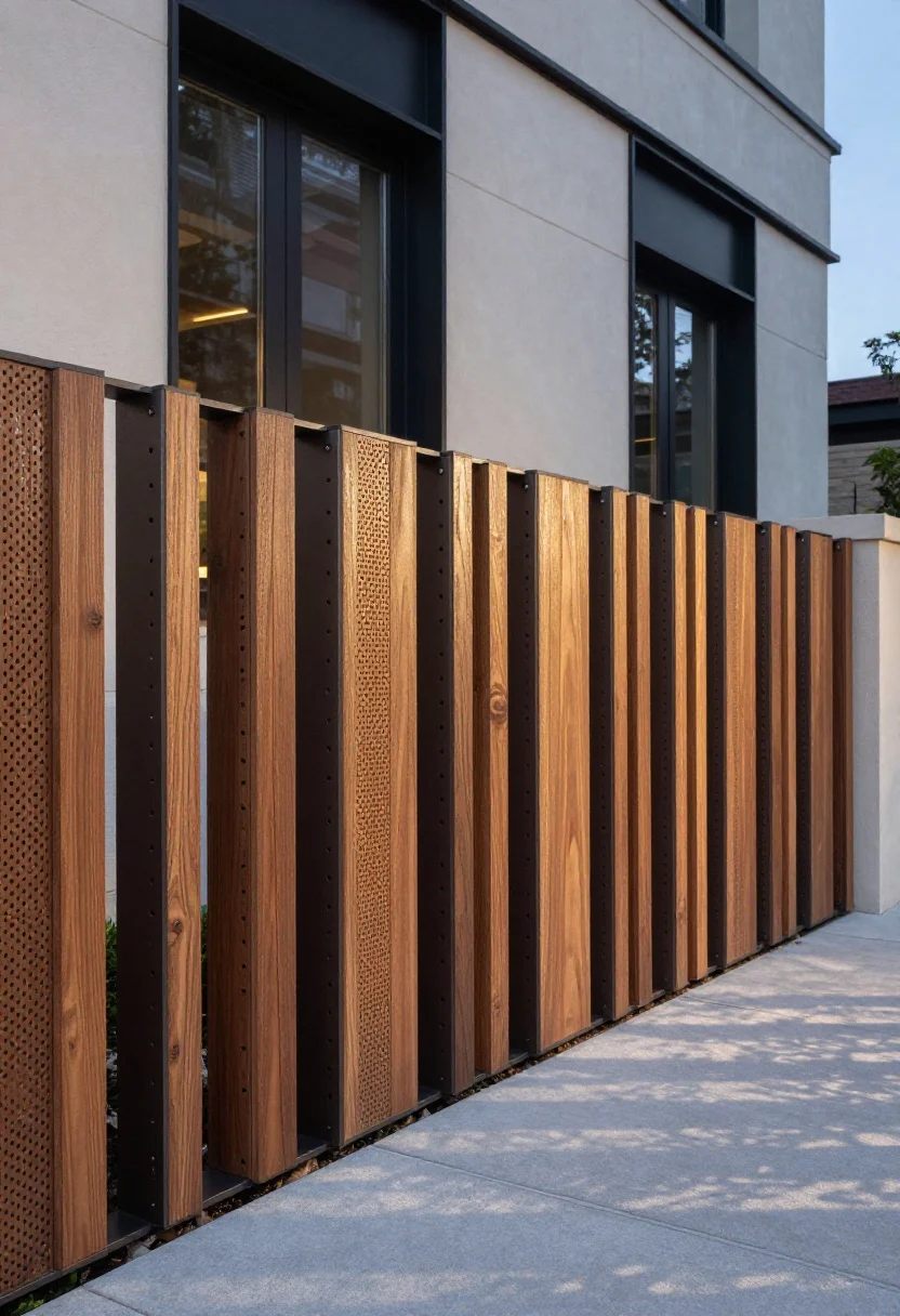 Photorealistic wide shot of an ultra-modern horizontal fence combining warm wood slats with narrow infill panels of perforated metal, set in crisp u-channel frames; powder-coated aluminum perfs in deep charcoal aligning on the same module height as the wood for perfect rhythm; urban setting with contemporary architecture, black window frames and smooth stucco backdrop; twilight scene with subtle landscape lighting projecting patterned shadows from the perforations onto a patio; straight-on elevation to emphasize the artsy, architectural grid
