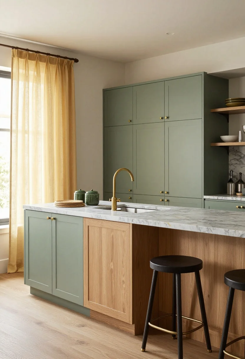 Wide corner-angle shot showcasing mixed materials that flatter green and yellow: sage green base cabinets with brushed brass hardware; honed marble countertop (Carrara/Calacatta) with subtle gold veining; a butcher block section in oiled oak adjacent to a soft warm-gray concrete island top; metals mixed—brass tap, polished nickel pot filler, and a touch of black iron in bar stool legs; layered textures: pale yellow linen cafe curtains, woven placemats, and green ceramic canisters on the counter; balanced natural daylight, no people.