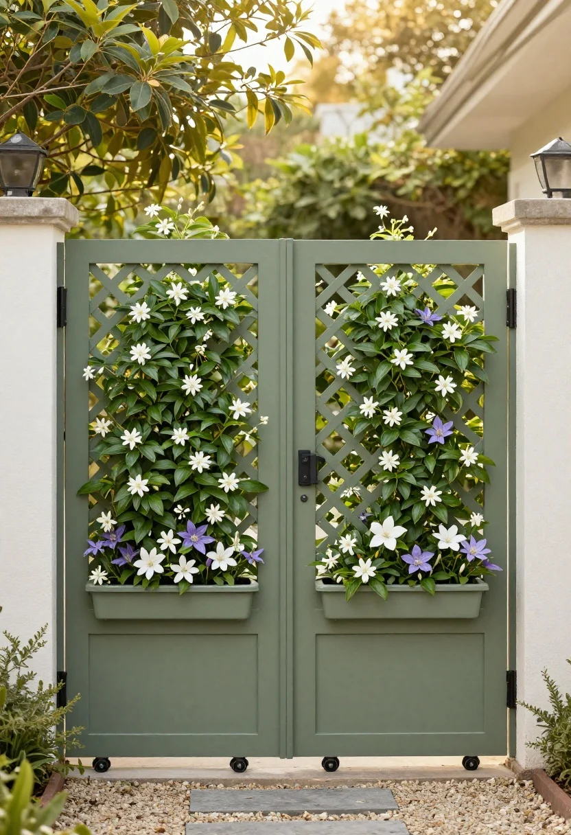 Wide exterior shot, straight-on, of a decorative garden gate and trellis concealing bins; trellis pattern repeated on a nearby window box for cohesion; climbing evergreen jasmine with glossy leaves weaving through the lattice, small white blooms for fragrance; complementary clematis flowers adding color; gate features a solid lower panel to hide bin wheels and bases, with a discreet self-closing hinge; gravel and stepping stones leading up; soft golden-hour light filtering through foliage; no people, photorealistic.