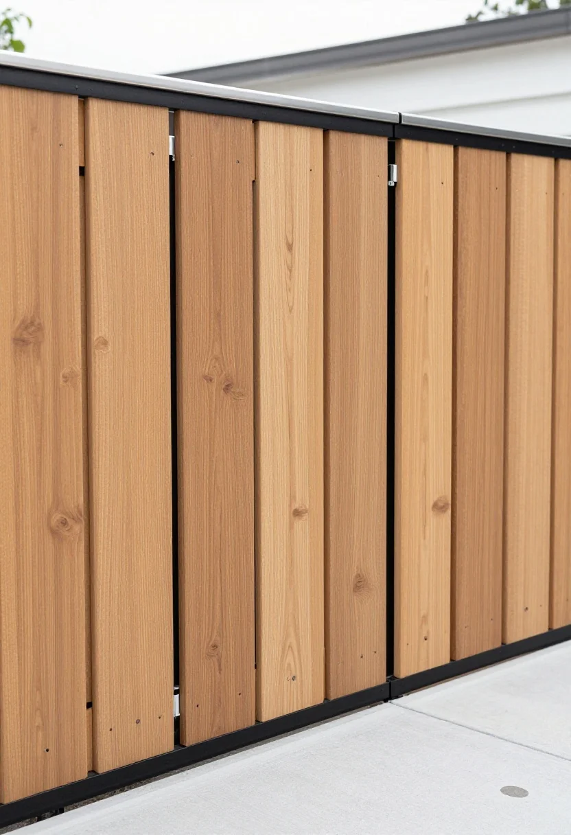 Wide exterior shot, straight-on view of sliding fence panels concealing trash cans along a backyard fence line; sleek cedar slats with staggered board widths (1x2, 1x4, 1x6) in a warm natural stain, paired with matte black composite accents; stainless steel track hardware visible at the top, with panels gliding parallel to the fence; a clean 2-inch gap at the bottom for airflow above a rinsable concrete pad; minimal, modern styling and clean lines; bright overcast daylight for even, shadow-free illumination; no people, photorealistic.