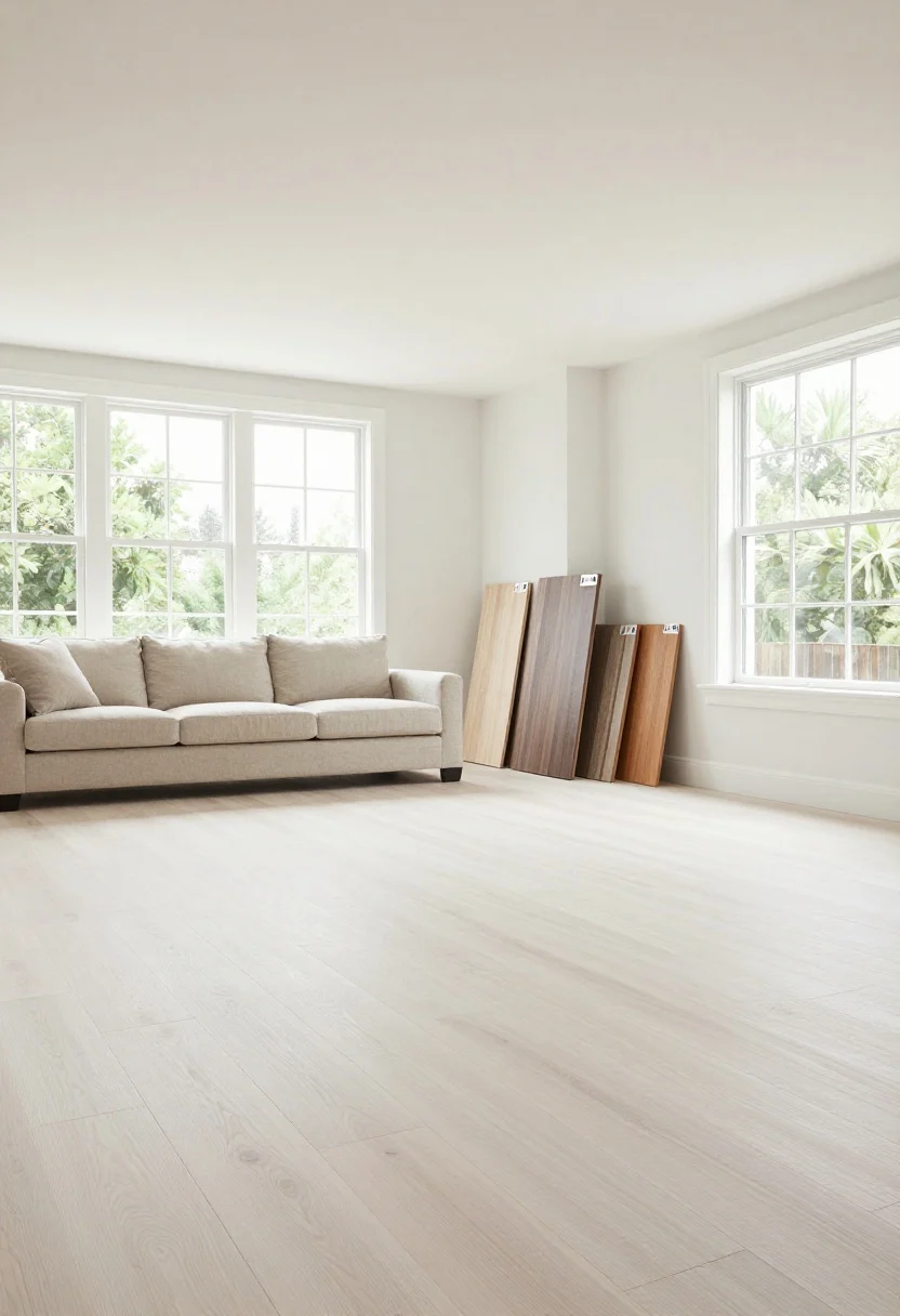 Wide room shot: a modern open-plan living room showcasing 8–10 inch wide-plank engineered white oak floors laid straight, with very few seams for a calm, luxe feel; airy space with a large linen sofa and white walls in the background for scale; include a small inset alcove showing mixed-width sample boards (4, 6, 8 inches) leaning against the wall to hint at traditional mix-width option; natural daylight from large windows, corner angle emphasizing the expansive, seamless plank width and stability suitable for radiant heat