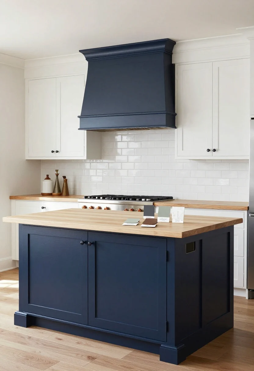 Wide room shot of a two-tone farmhouse island: deep inky navy base with a light natural white oak top; perimeter cabinets soft white, subway tile backsplash, and a range hood trim painted to match the island base for a tied-together designer look; alternate color swatches resting on the counter showing greige, charcoal, and sage with labeled samples of honed white quartz and walnut; soft even daylight, subtle shadows, bar overhang visible; mood calm and layered