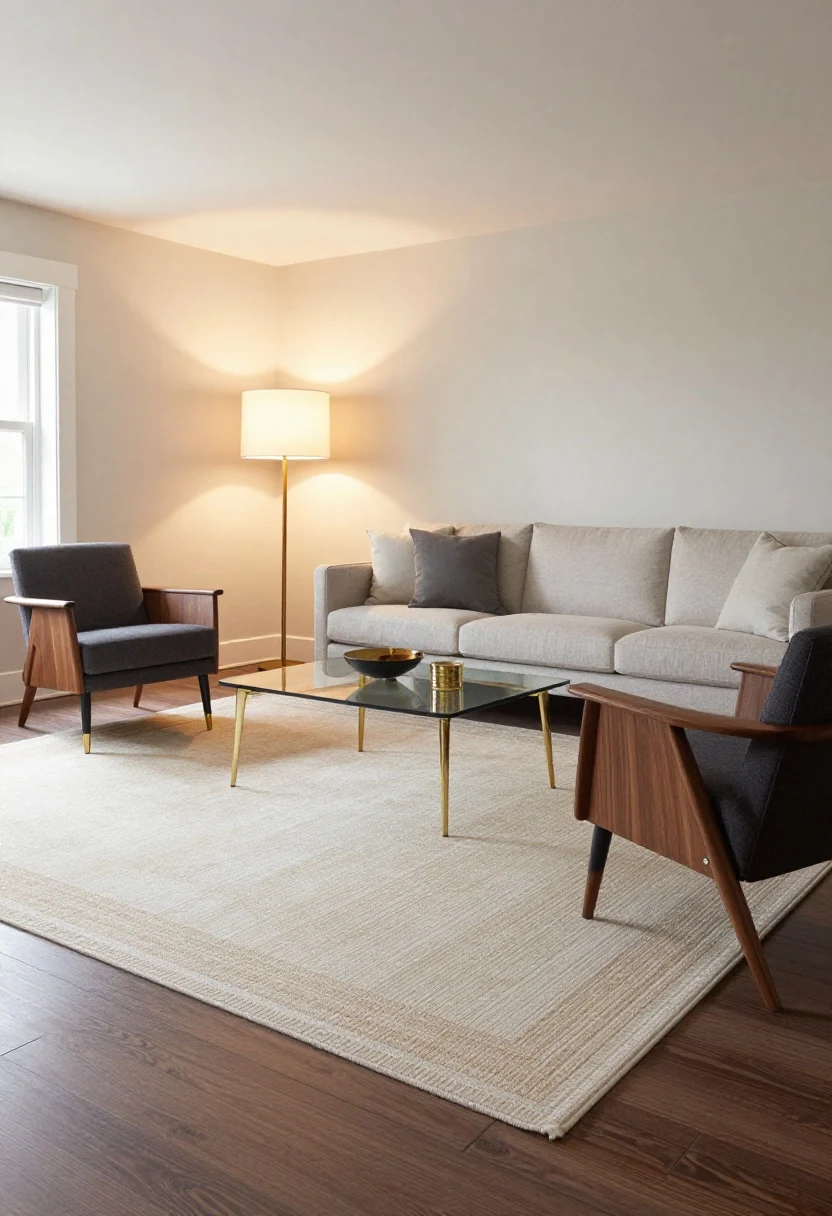 Wide room shot: styled living room on wood floors with clear rug and finish rules—an oversized wool rug anchors the seating with front legs of sofa and chairs on it; strong color contrast: light rug on darker greige floors; layered jute under a patterned wool runner near a side chair; furniture legs in black and brass for contrast against walnut-toned pieces; mixed metals (brass and black) in lamps and accents, a glass coffee table for sheen balance; layered lighting with a brass floor lamp, two table lamps, and a dimmable overhead casting warm, cozy illumination