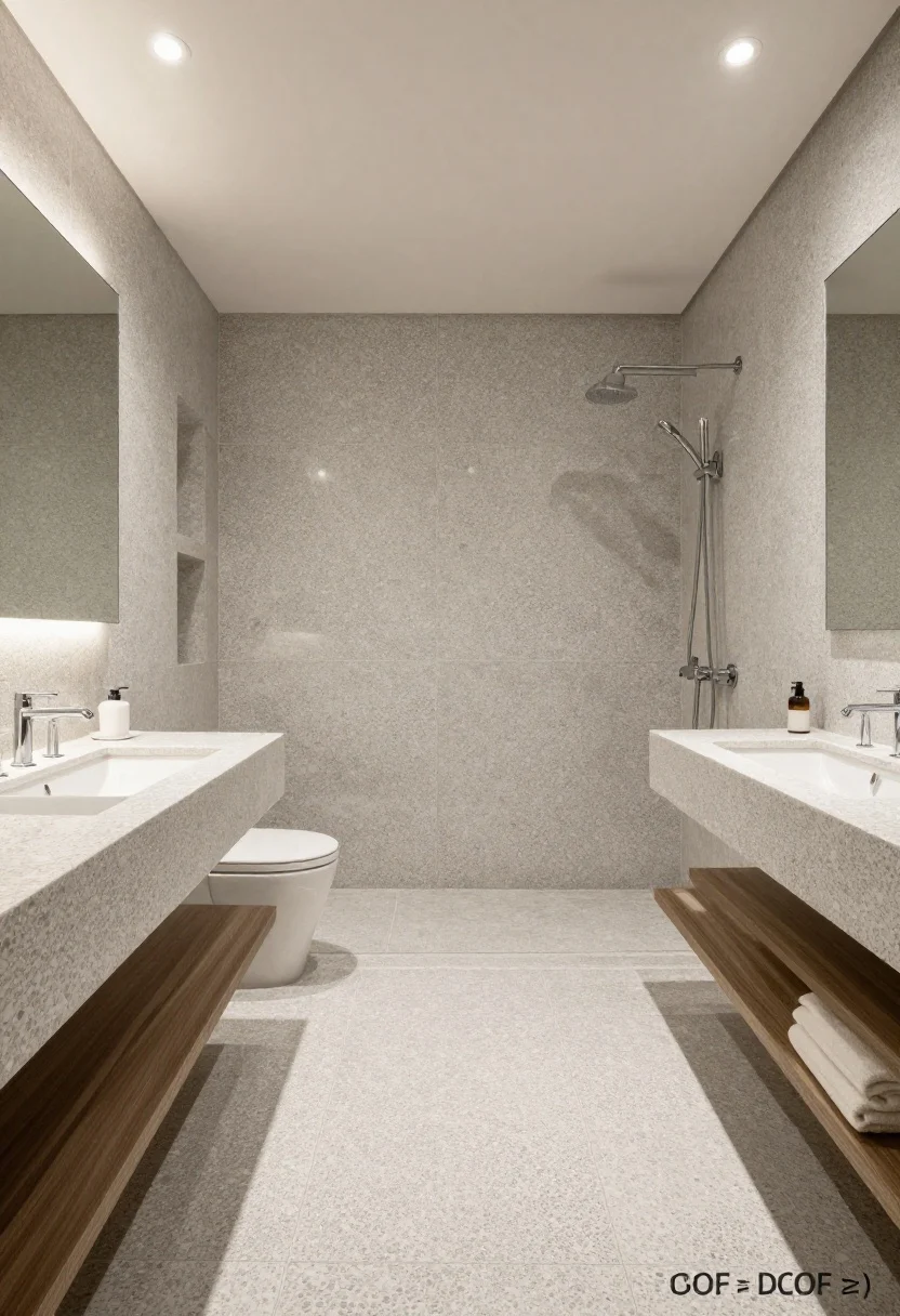 Wide shot: A chic pool bathroom showcasing splash-proof surfaces—matte porcelain tile floors with a subtle pebble mosaic texture (DCOF ≥