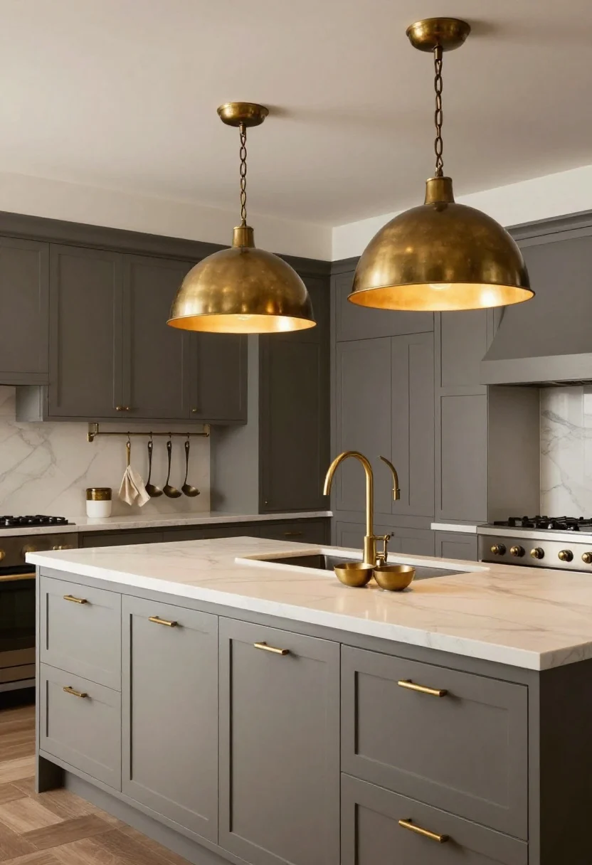 Wide shot centered on lighting and hardware as the island’s “jewelry”: two oversized pendants (16-inch metal domes) in antiqued brass hanging over the island on a dimmer, casting warm adjustable light; cabinet hardware includes cup pulls and simple knobs in a matching brass tone, plus a rail with S-hooks holding a ladle and linen; deep island base color coordinated with lighting finish; slight variation in sheen (matte pendant, satin pulls) visible; atmosphere balanced between functional brightness and evening coziness