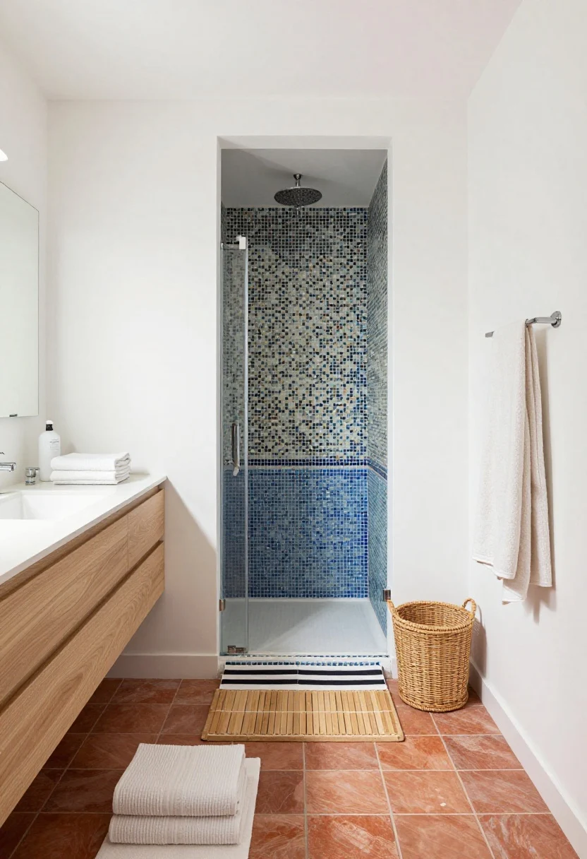 Wide shot styled like a resort: Three optional palette cues blended into a cohesive look—soft white walls, a pale oak vanity, and a shower clad in matte sea-glass tile; add a modern cabana accent via a black-and-white striped runner; introduce Mediterranean warmth with terracotta-look porcelain floor tile and a cobalt mosaic niche. Layer textures: a teak bath mat, neatly stacked ribbed cotton towels (a separate stack labeled “POOL”), and a rattan/resin-wicker hamper. One “wow” focal material—a saturated zellige-style shower wall—anchors the room, while the rest stays clean-lined and breezy.