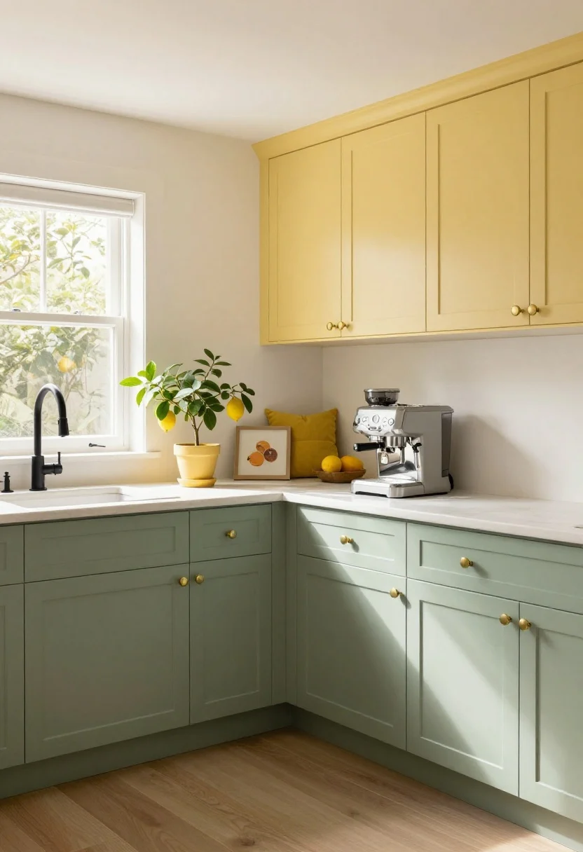Wide, straight-on photorealistic kitchen scene featuring two-tone painted cabinets: soft sage/eucalyptus green lower cabinets and buttery yellow uppers, like Farrow & Ball Lichen/Benjamin Moore October Mist on lowers with Farrow & Ball Hay/Hawthorne Yellow on uppers; creamy off-white walls in matte finish, cabinets in satin/semi-gloss; brushed brass cup pulls and knobs; butcher block island; subtle lemon tree in a pot by a window casting dappled light; optional variant with creamy off-white uppers and yellow accents via seat cushions and small framed citrus art; include a well-loved espresso machine on the counter; modern matte black faucet for contrast; morning natural light, clean styling, no people.