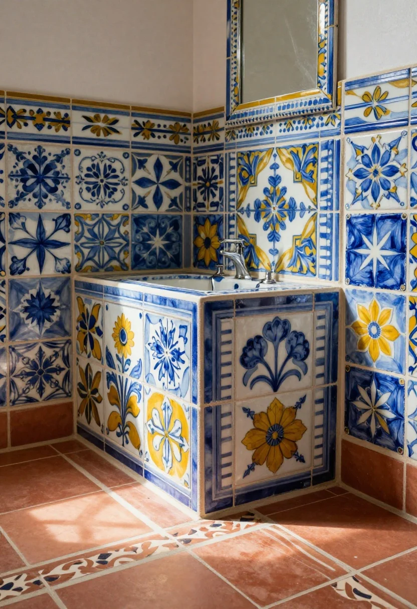 Closeup detail shot of a bathroom vanity backsplash wrapped in hand-painted Talavera tiles, featuring cobalt blue, mustard yellow, and white florals, stars, and geometric patterns; a matching Talavera tile frame around a small mirror just peeks into the edge; a shower niche in the background lined with the same tiles for a jewel-box effect; terracotta floor with a “rug-like” border of patterned tiles around solid clay squares; crisp, sealed grout lines; warm natural daylight rakes across the glossy tiles, highlighting brushstrokes; no people.