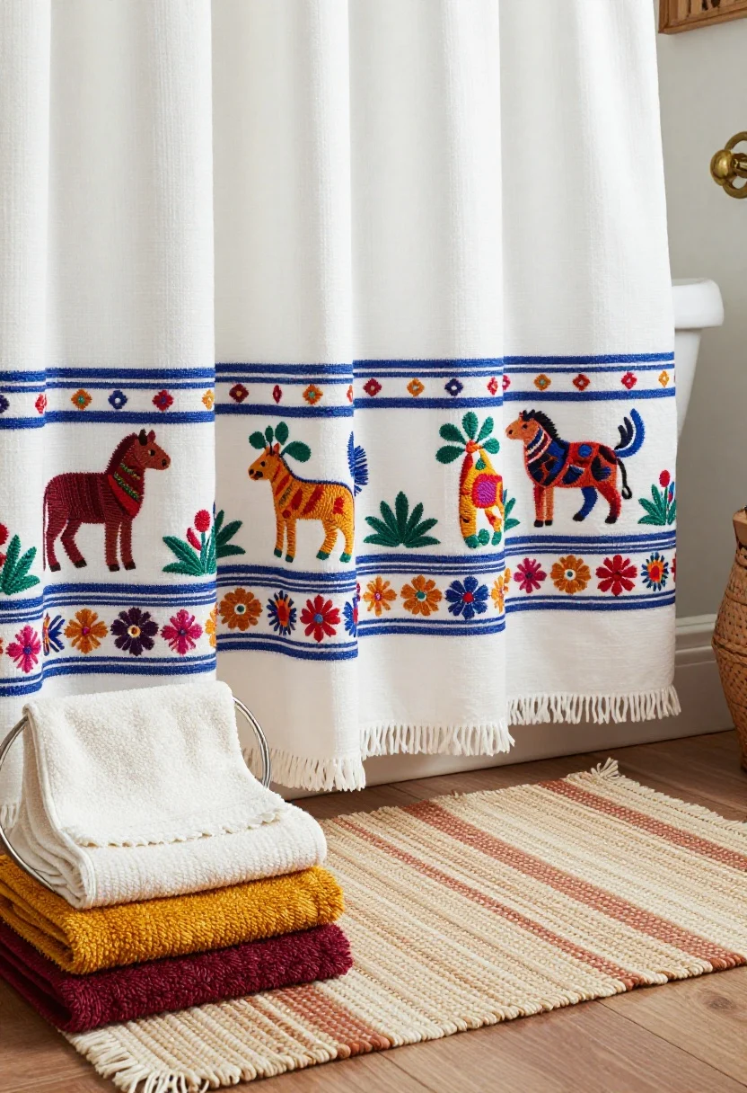 Detail shot of textiles: a white shower curtain with embroidered Otomi-style bands in cobalt and multicolor animal and floral motifs, fringed cotton hand towels in marigold and jade layered on an iron towel ring, and a flat-woven terracotta-and-cream bath mat on the floor (non-slip pad subtly visible); soft, even bathroom lighting brings out weave and embroidery texture; rustic finishes in the periphery but textiles are the hero.