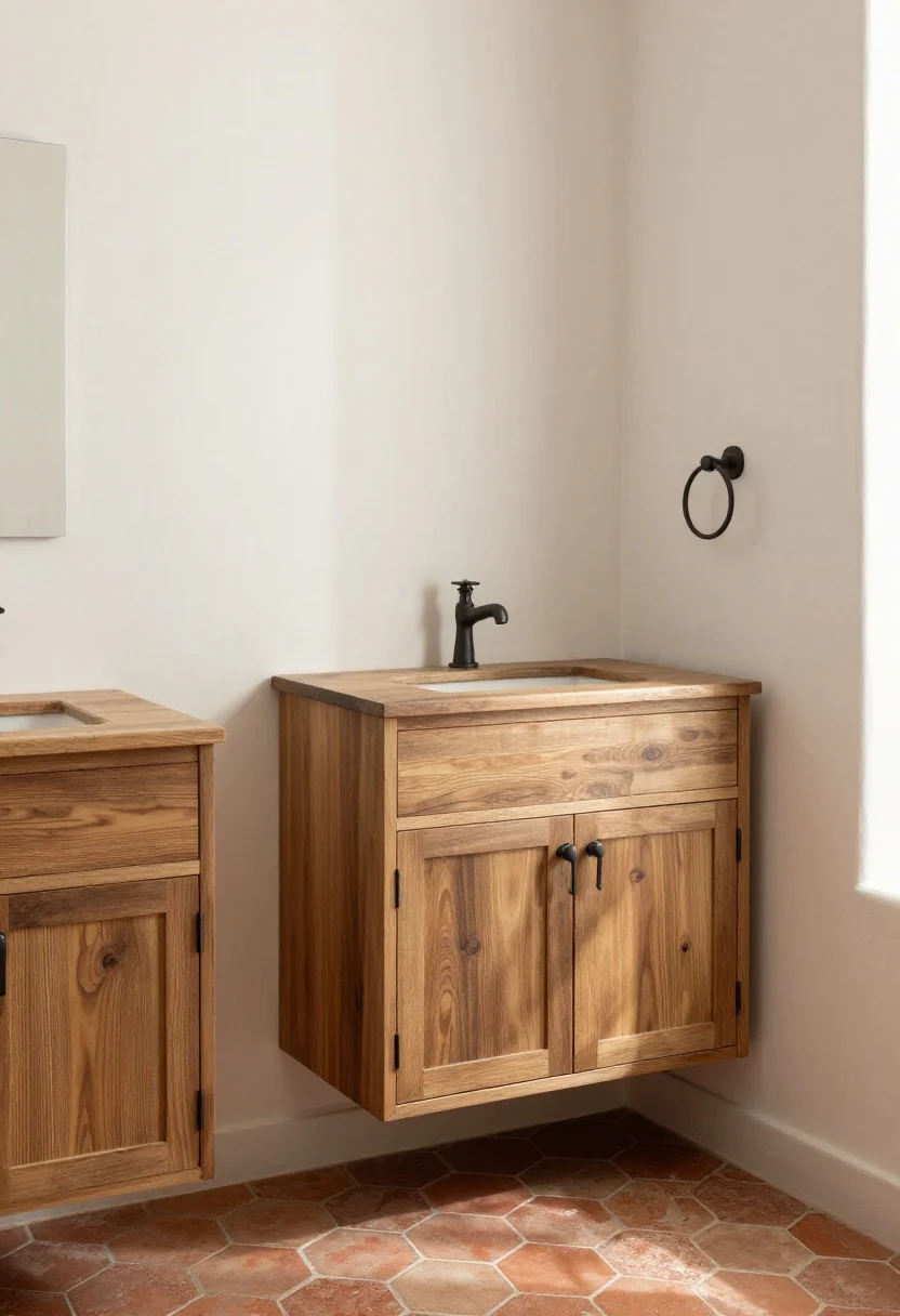 Medium corner view of a warm Mexican-style bathroom showcasing a chunky reclaimed mesquite wood vanity with a matte finish, blackened wrought-iron pulls and towel ring, and buttery Saltillo terracotta hex tile flooring; soft, sunlit ambiance with gentle shadows; a simple off-white wall lets the textures pop; a small iron hook and TP holder add contrast; materials feel timeworn and tactile; photorealistic texture of wood grain and terracotta, sealed near splash zones.