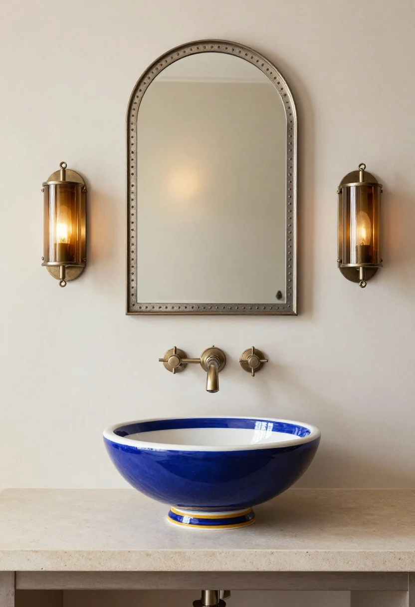 Medium shot focused on “jewelry” fixtures: a hand-painted Talavera vessel sink in a cobalt, mustard, and white palette on a simple, light stone countertop; above it, an arched tin mirror with punched details reflecting soft warm light; flanking the mirror, wrought-iron sconces with amber-tinted glass shades set to 2700–3000K warmth; background kept minimal so the sink and mirror shine; photorealistic reflections and metal textures.