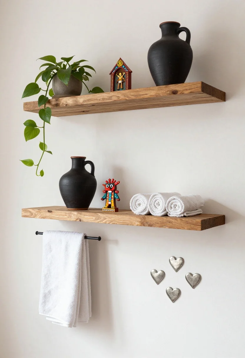 Overhead and slightly angled vignette of two floating rustic wood shelves styled with intention: matte barro negro pottery, a tiny brightly painted alebrije, a small retablo leaning against the wall, neatly rolled white towels, and a trailing pothos plant; on the adjacent wall, a tight trio of small tin hearts (milagros) adds a glint; warm, natural light with gentle shadows; composition reads like a mini curated museum moment, uncluttered and balanced.
