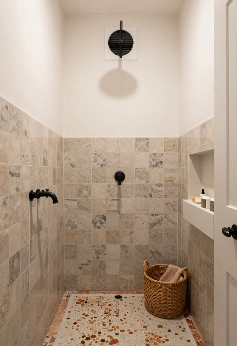 Wide functional-yet-stylish bathroom scene emphasizing practical upgrades: lower two-thirds of shower walls tiled in patterned Talavera, upper third finished in breathable off-white limewash; sealed Saltillo or porcelain-look terracotta floor; matte black fixtures and cross-handle faucet to hide water spots; a ventilator fan discretely placed above; a small recessed storage niche by the vanity holding soaps, plus a woven basket with extra hand towels; warm ambient lighting for a cozy, durable feel.