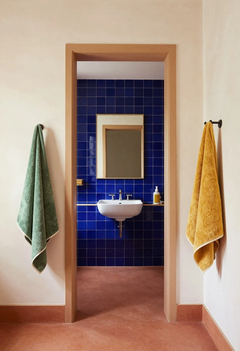 Wide straight-on view of a calm, sun-kissed bathroom color story: off-white limewashed walls for soft texture, warm sand-toned trim, earthy terracotta floor, and layered accents in cobalt and marigold at eye level via a bold Talavera tile band behind the mirror; towels in jade and marigold add restrained hits of color; overall palette feels elevated not circus, with the boldest shade focused at the backsplash while the floor stays earthy; gentle daylight for a warm, airy mood.