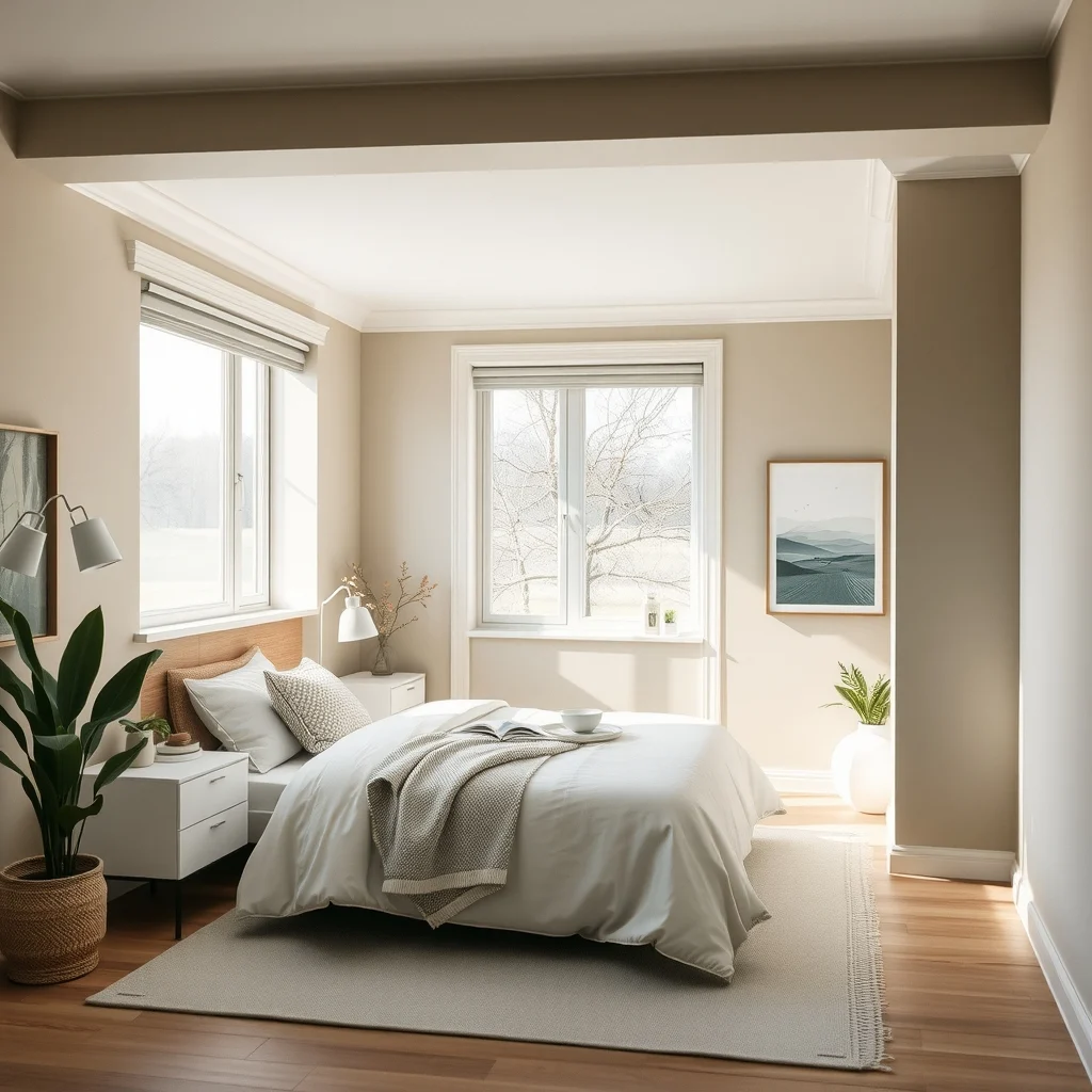 A bright modern guest bedroom with warm greige walls a single accent wall in muted sage soft dove gray trim natural light streams from