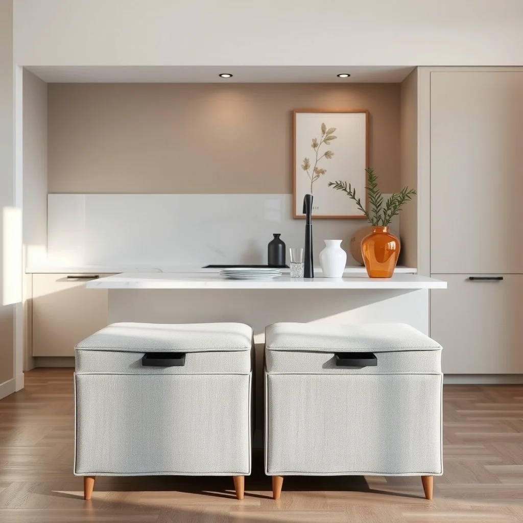 A pair of muted gray linen upholstered stools with hidden drawers positioned beside a compact marble countertop soft recessed lighting emphasizes