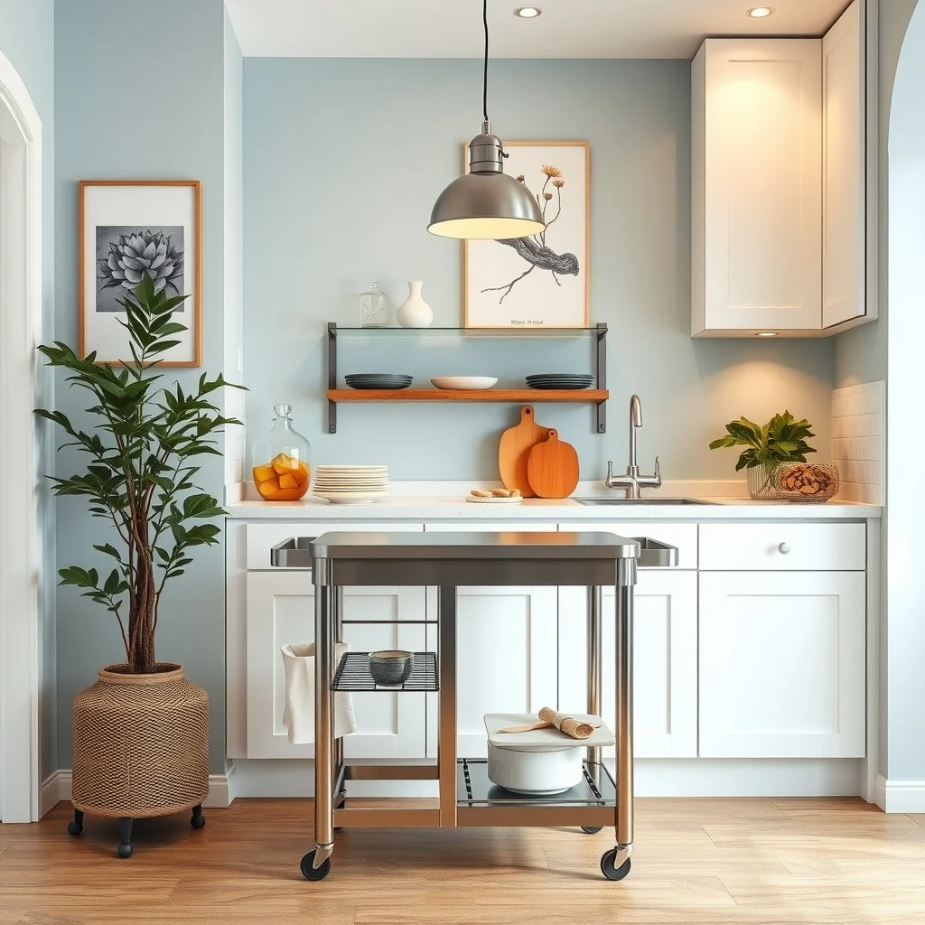 A sleek stainless steel rolling cart tucked against a pastel blue kitchen wall matte white cabinets warm pendant lighting casting soft shadows top view shows spacious prep surface wheels subtly visible