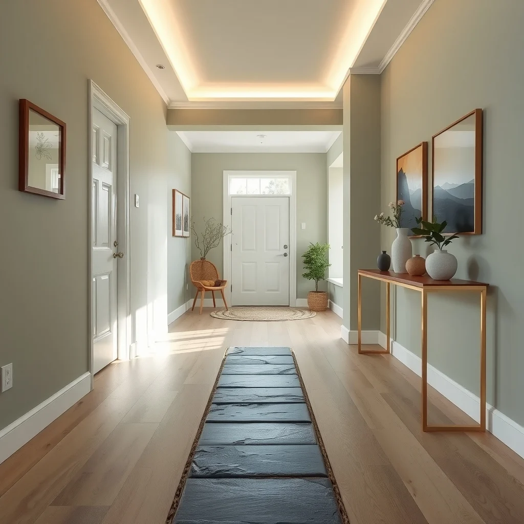 A sunlit entry hall featuring narrow slate stepping stones embedded in a light oak runner bordered by muted sage walls soft white LED uplighting and a minimalist brass console captured in a wide-angle view