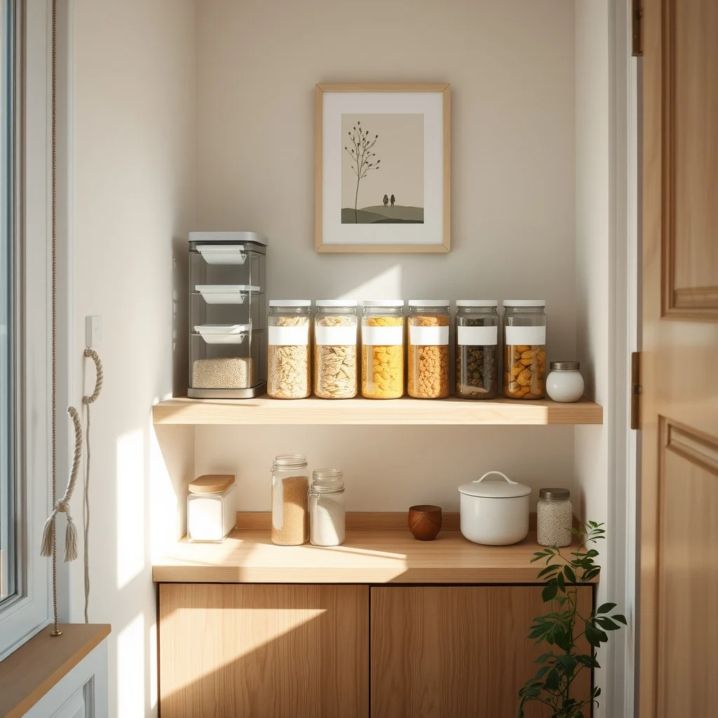 A sunlit pantry lower shelf displays uniform clear acrylic containers with white label tags arranged on light oak wood soft natural daylight from a nearby window minimalist Scandinavian style composition