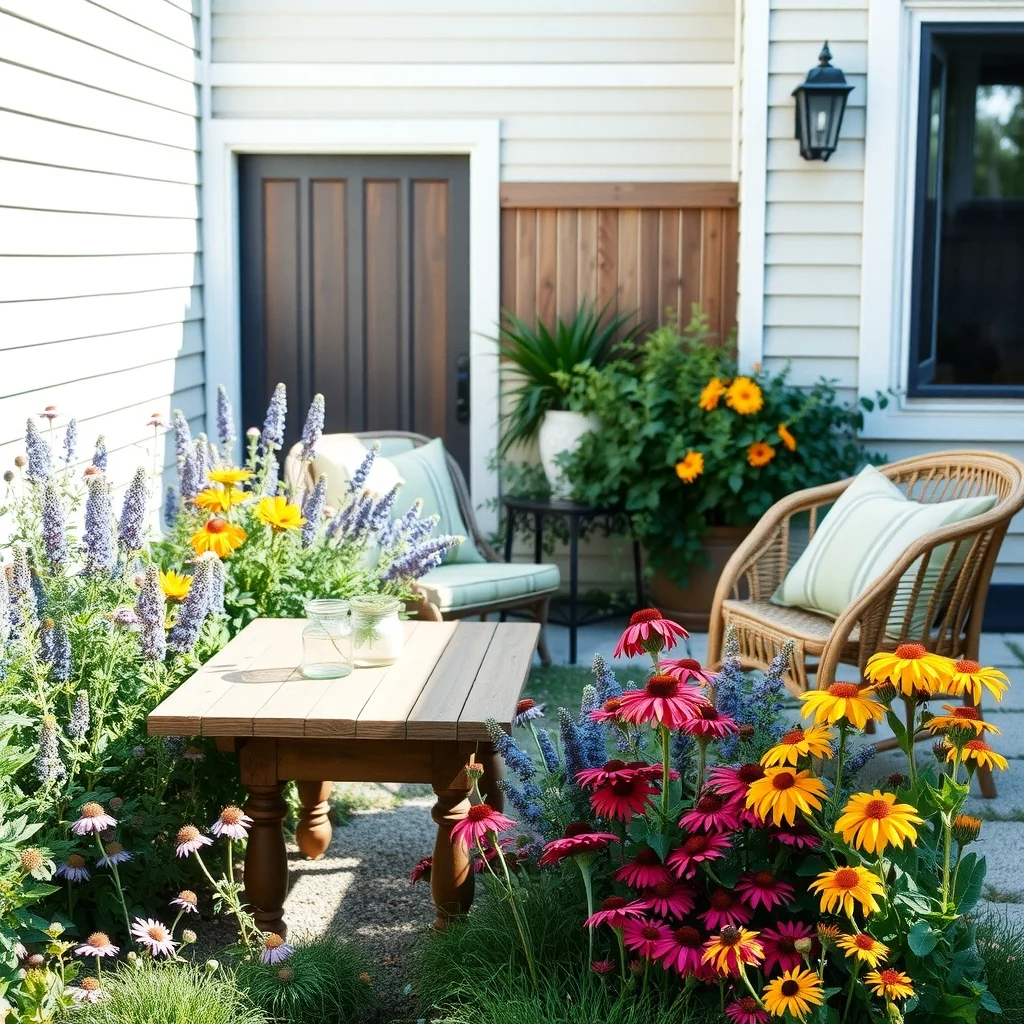 A sunlit patio view showcases native perennials coneflower bee balm black eyed Susan in soft blues deep magentas sunny yellows arranged in loose drifts beside a weathered teak table natural stone