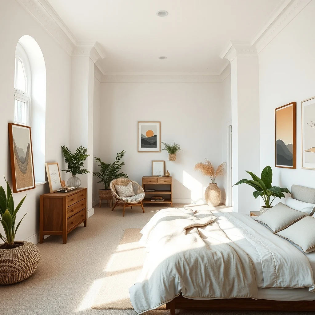 A wide angle view of a bedroom with weathered white walls warm greige