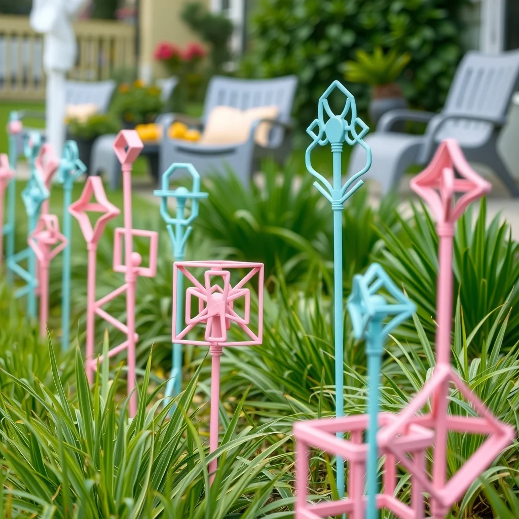 Array of pastel colored metal garden stakes in geometric shapes planted among low grasses diffused overcast lighting softens reflections low angle composition emphasizes the light decorative accents