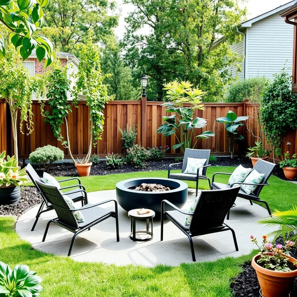 Backyard Seating Area Ideas for Small and Large Outdoor Spaces: 6. Fire‑Pit Circle Surrounded by Low‑Profile Chairs - A circular fire pit invites lingering conversation, and pairing it with low‑profile chairs keeps the gathering intimate. Choose a steel fire bowl with a matte black finish for a modern look, and surround it with
